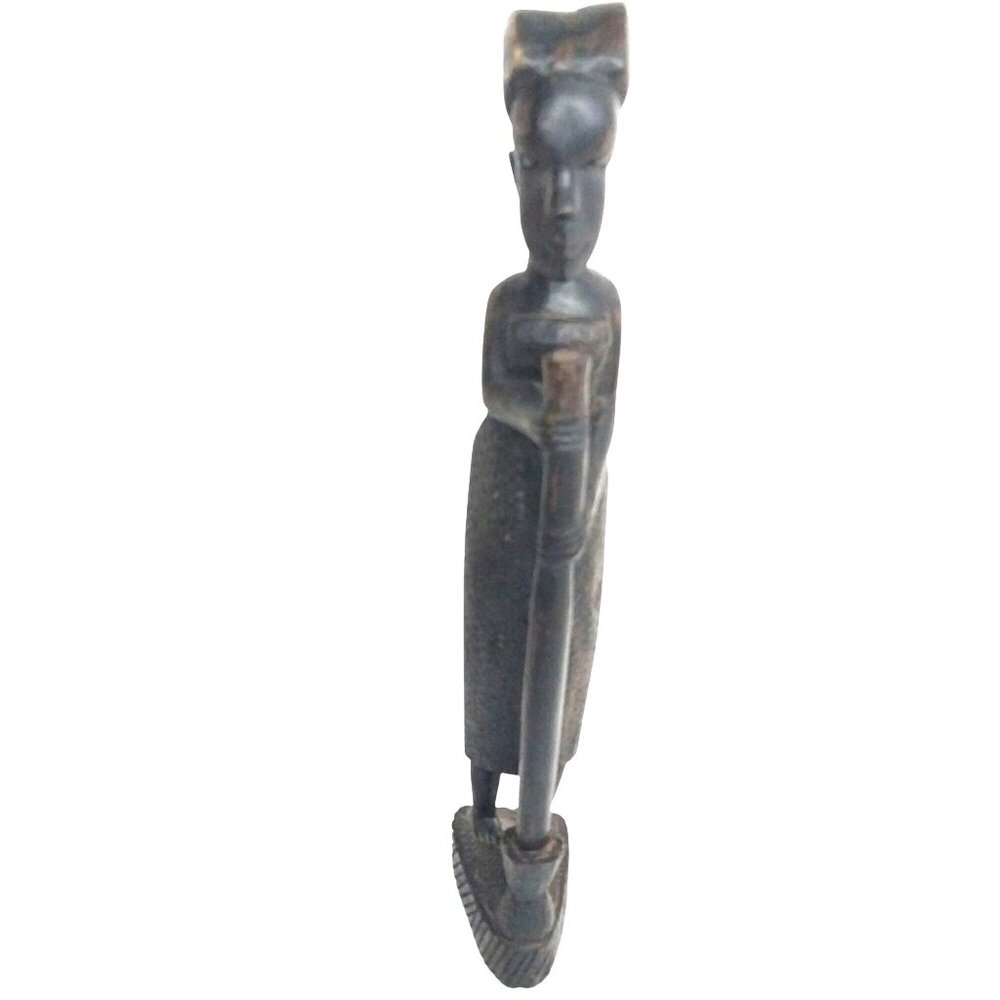 Hand-Carved Wooden African Tribal Woman Statue with Mortar & Pestle 12"
